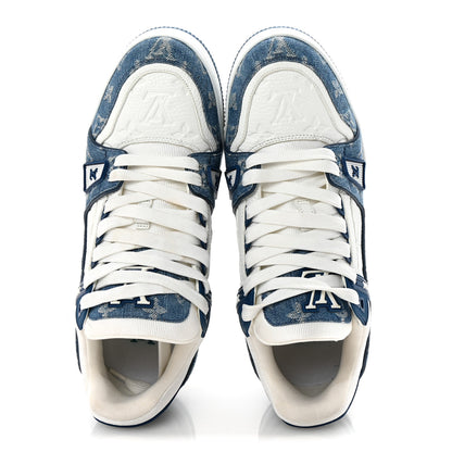 Louis Vuitton Calfskin Embossed Monogram Denim Mens LV Trainer Sneakers 8 Blue 2 of 10