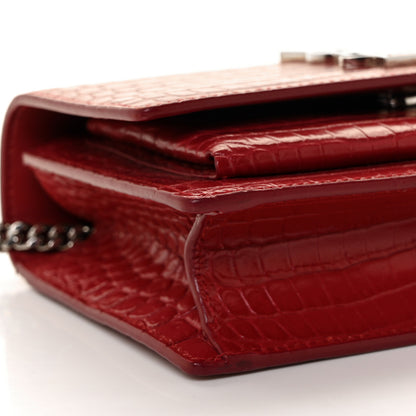 Saint Laurent Calfskin Crocodile Embossed Monogram Sunset Chain Wallet New Lipstick Red 8 of 9
