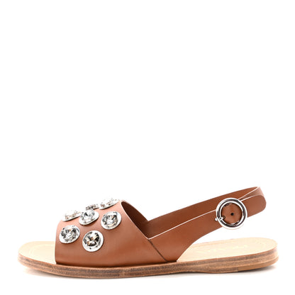 Prada Natural Calfskin Crystal Slingback Sandals 37.5 Brandy 1 of 9