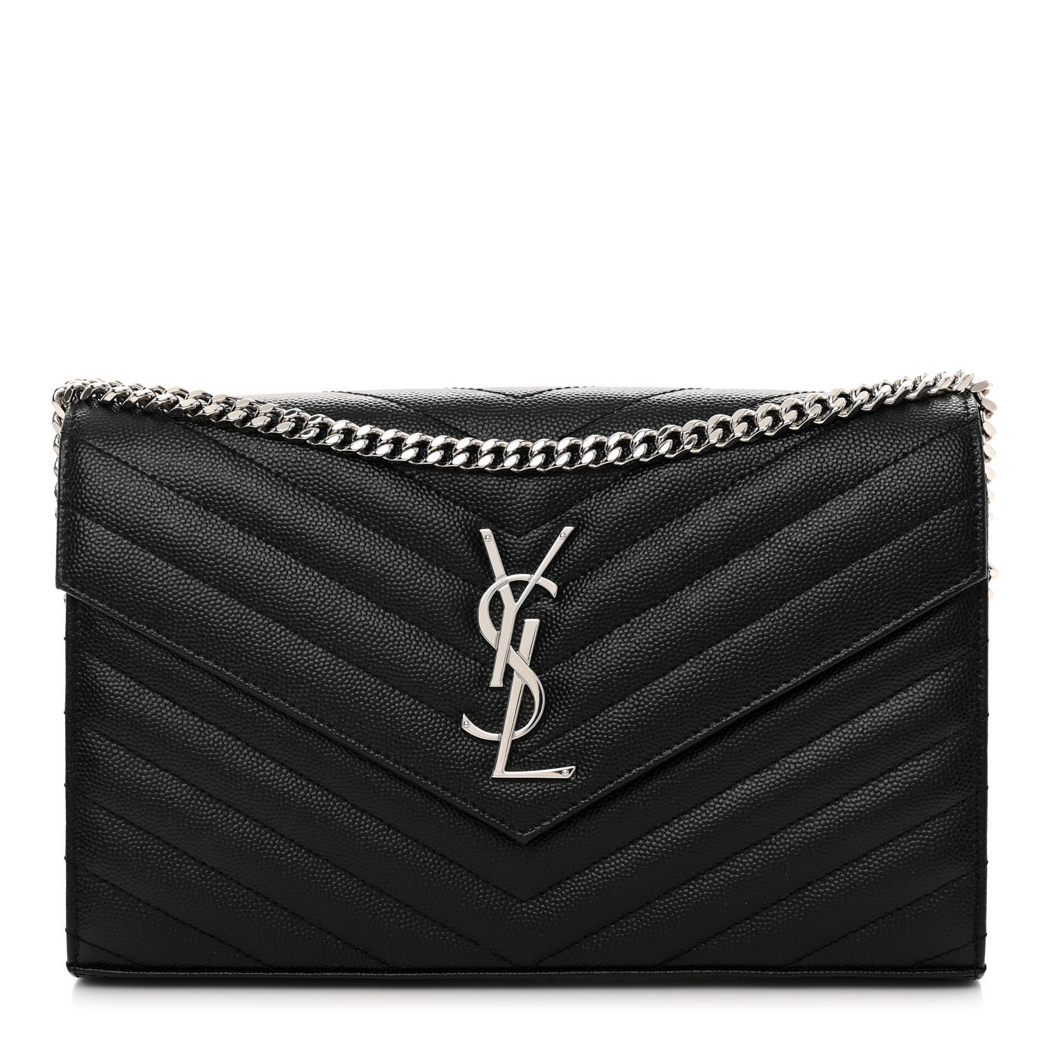 Saint Laurent Grain De Poudre Matelasse Chevron Monogram Chain Wallet Black 1 of 9