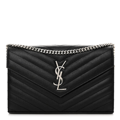 Saint Laurent Grain De Poudre Matelasse Chevron Monogram Chain Wallet Black 1 of 9