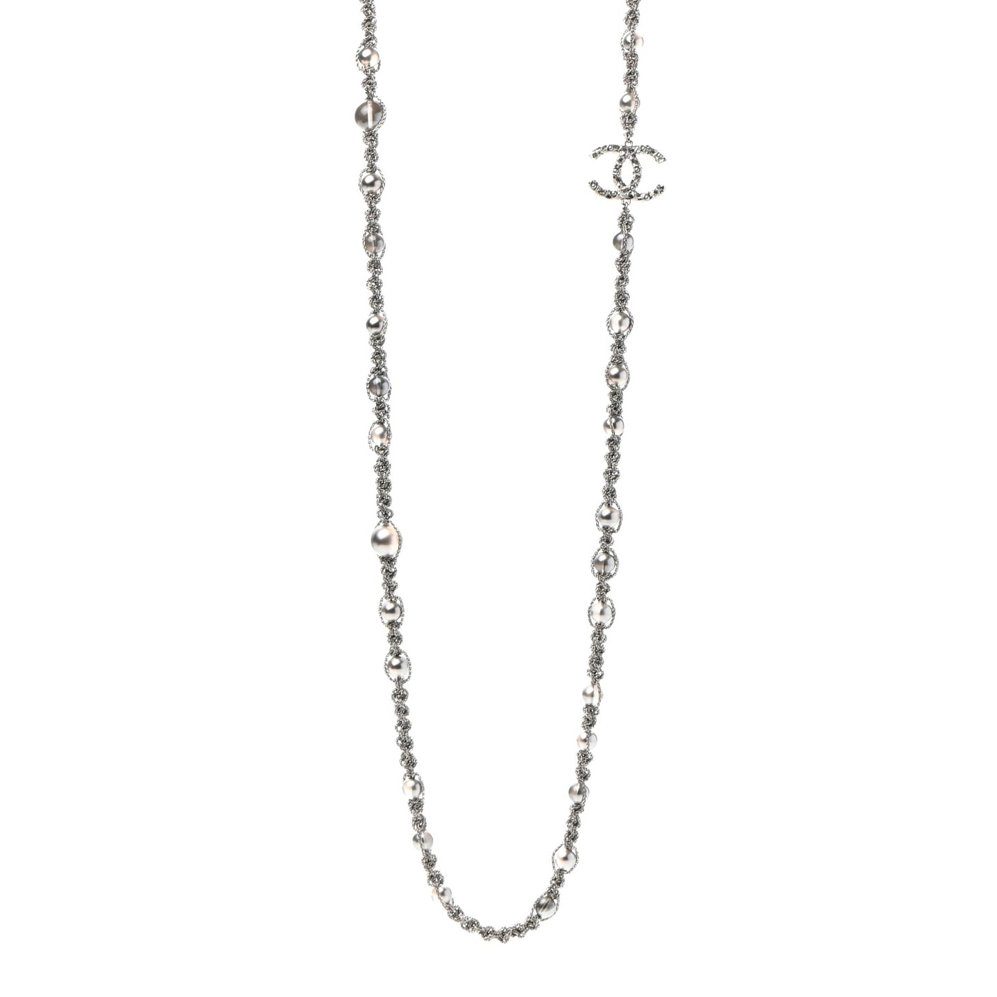Crystal Pearl Bead CC Long Necklace Silver Grey