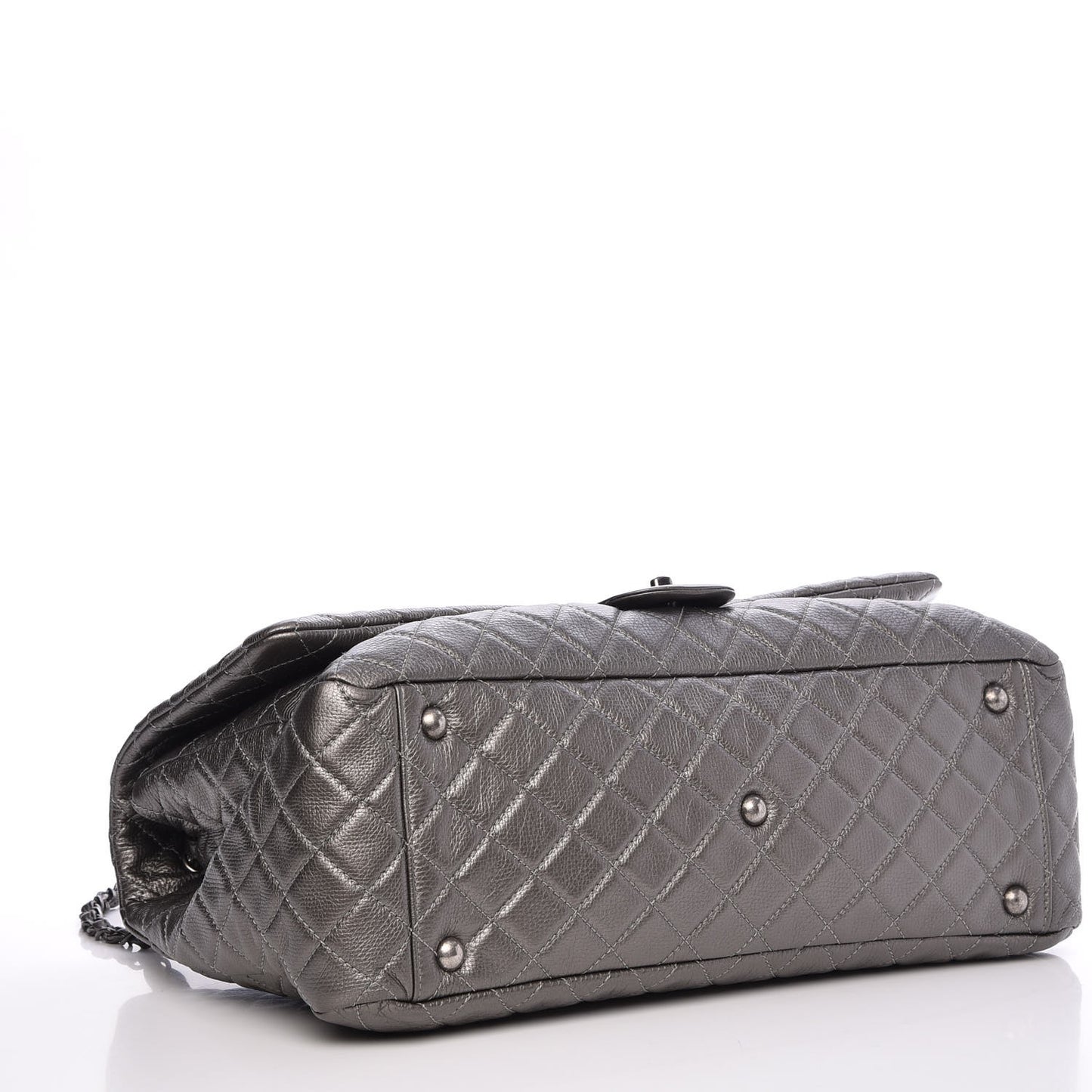 Metallic Calfskin Quilted XXL Travel Flap Bag Dark Silver