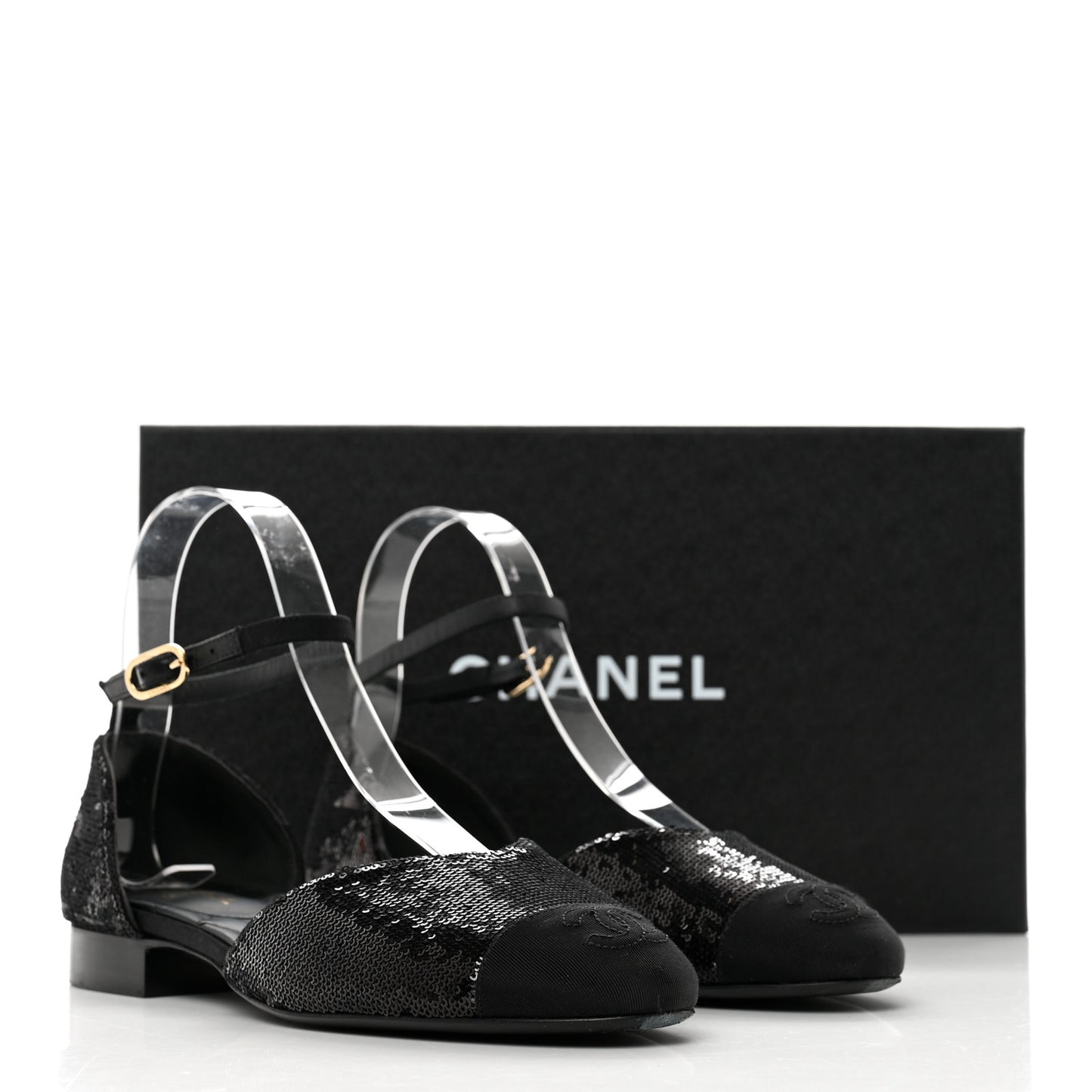 Sequin Grosgrain CC Cap Toe Ankle Flat 35.5 Black