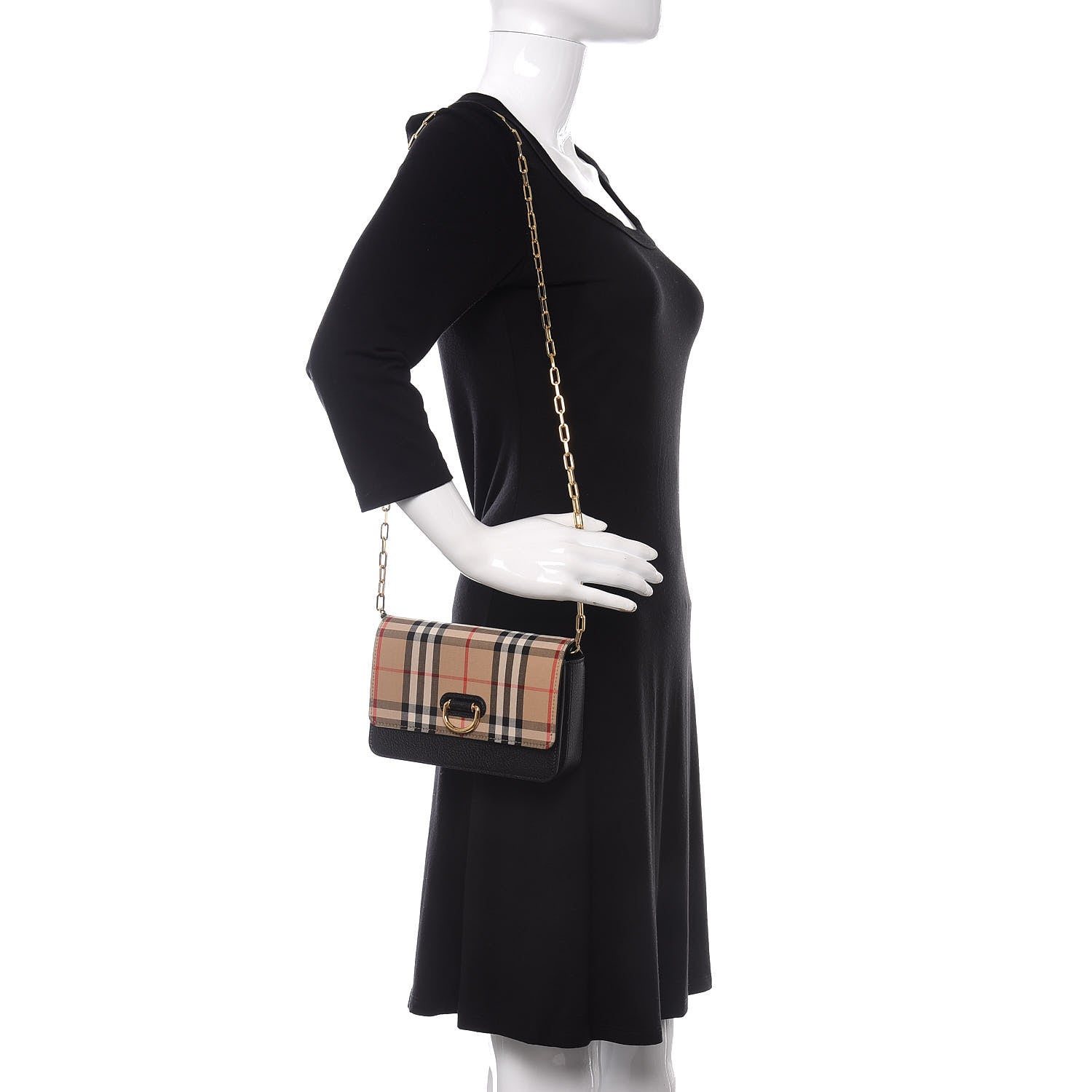 Burberry Goatskin Cotton Canvas Vintage Check D-Ring Mini Bag Black Antique Yellow 2 of 9