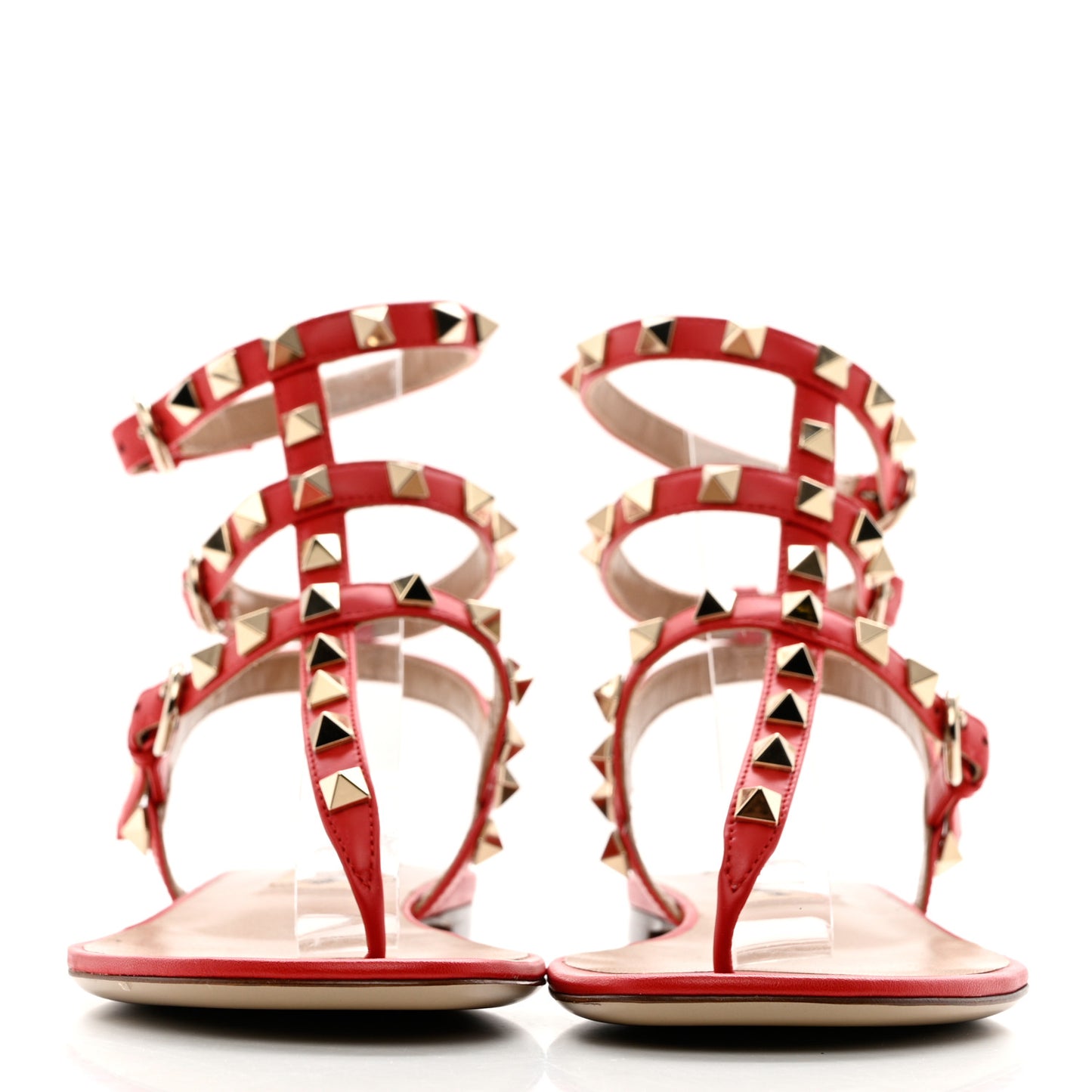 Calfskin Nappa Rockstud Ankle Wrap Flat Thong Sandals 35 Rouge Pur