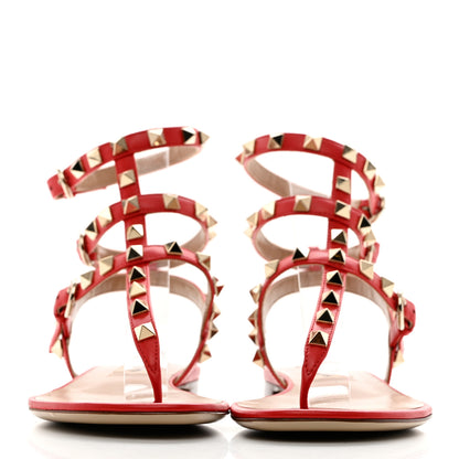 Valentino Garavani Calfskin Nappa Rockstud Ankle Wrap Flat Thong Sandals 35 Rouge Pur 2 of 12