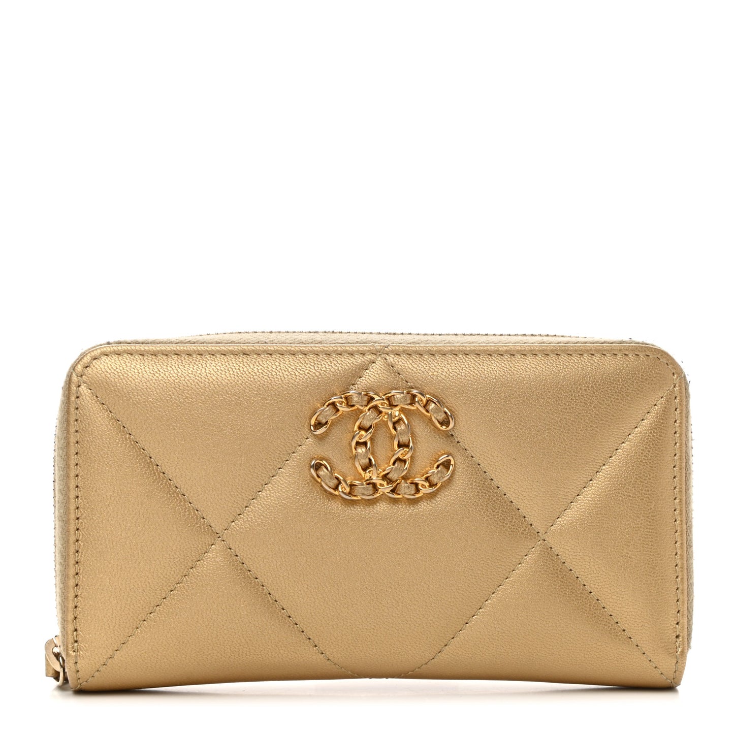 Metallic Lambskin Quilted Medium Chanel 19 Zipped Wallet Gold
