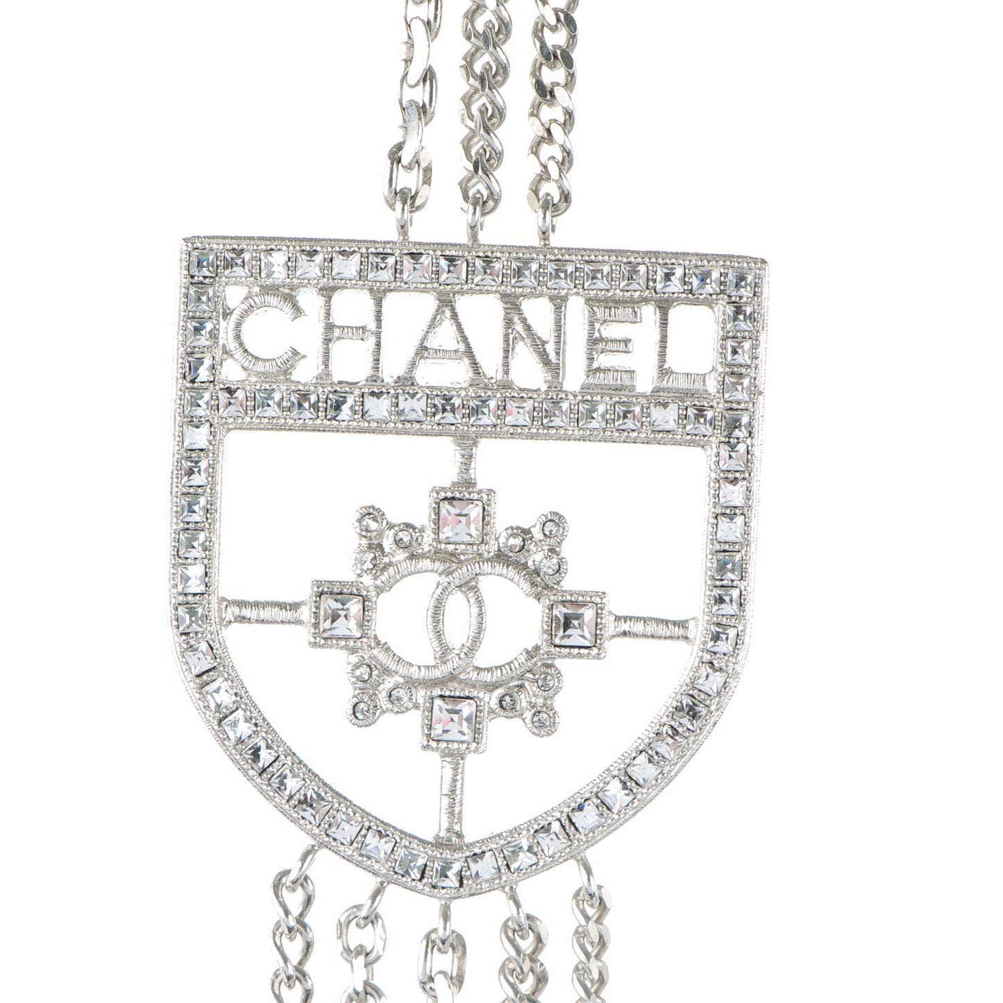 Baguette Crystal CC Shield Multi Strand Long Chain Necklace Silver