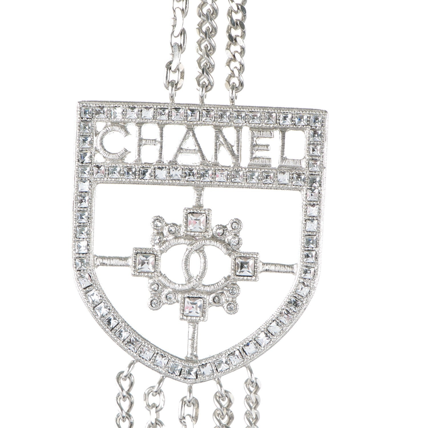 Chanel Baguette Crystal CC Shield Multi Strand Long Chain Necklace Silver 3 of 6