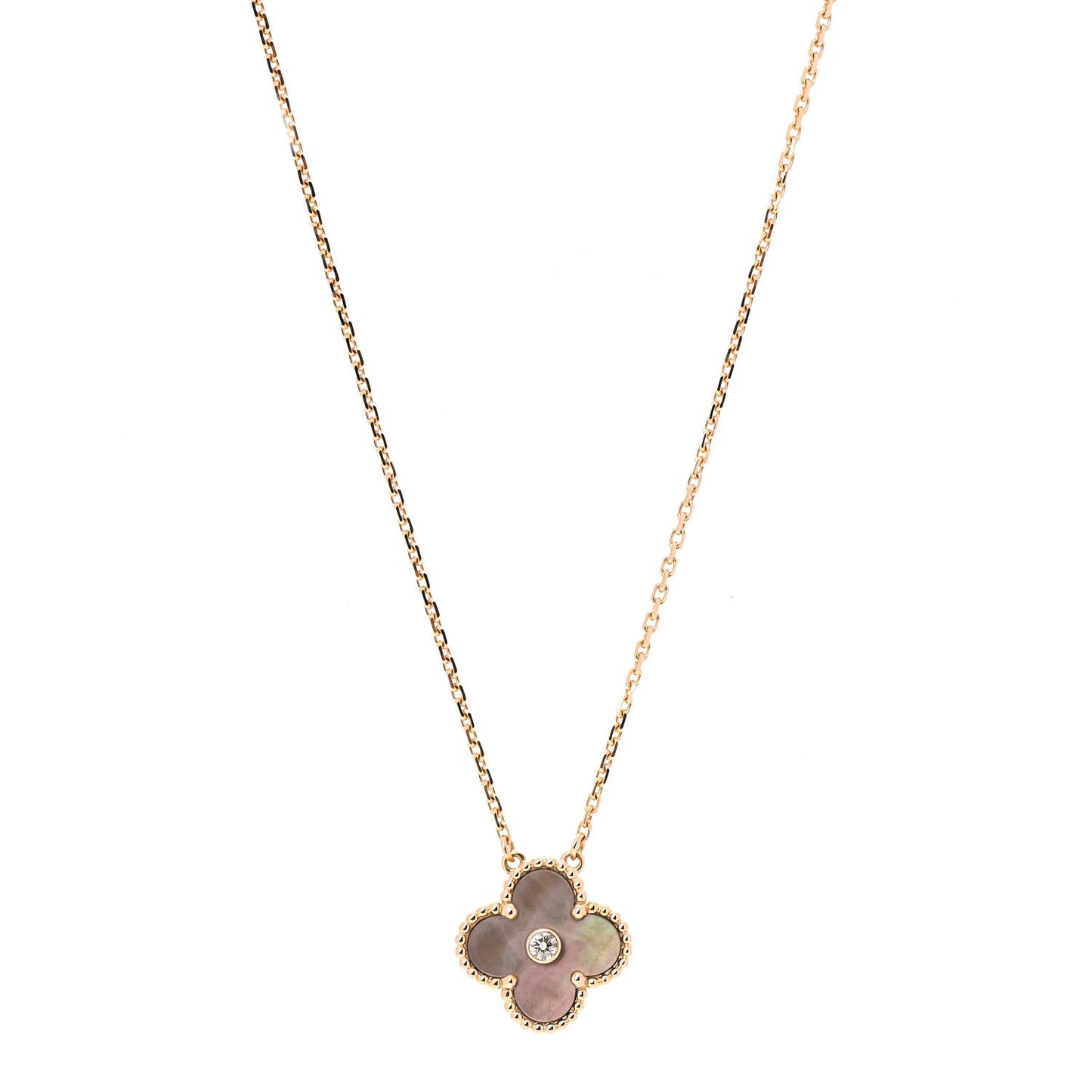 18K Rose Gold Diamond Grey Mother of Pearl Vintage Alhambra Pendant Necklace
