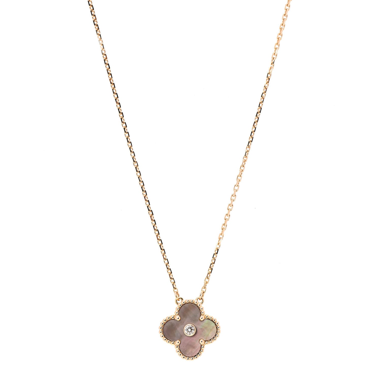 Van Cleef & Arpels 18K Rose Gold Diamond Grey Mother of Pearl Vintage Alhambra Pendant Necklace 1 of 7