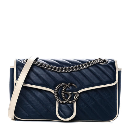 Gucci Vintage Effect Calfskin Matelasse Diagonal Small Torchon GG Marmont Shoulder Bag Blue Agata Mystic White 1 of 11