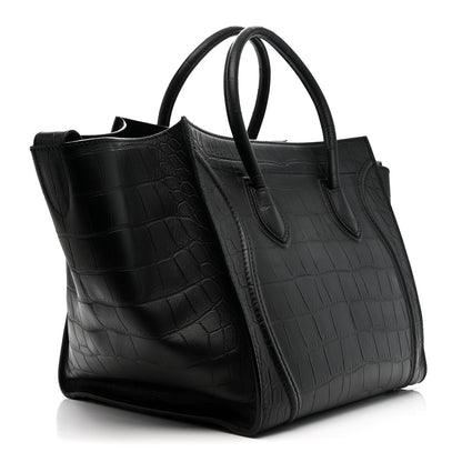 Celine Crocodile Embossed Calfskin Medium Phantom Luggage Black 3 of 13