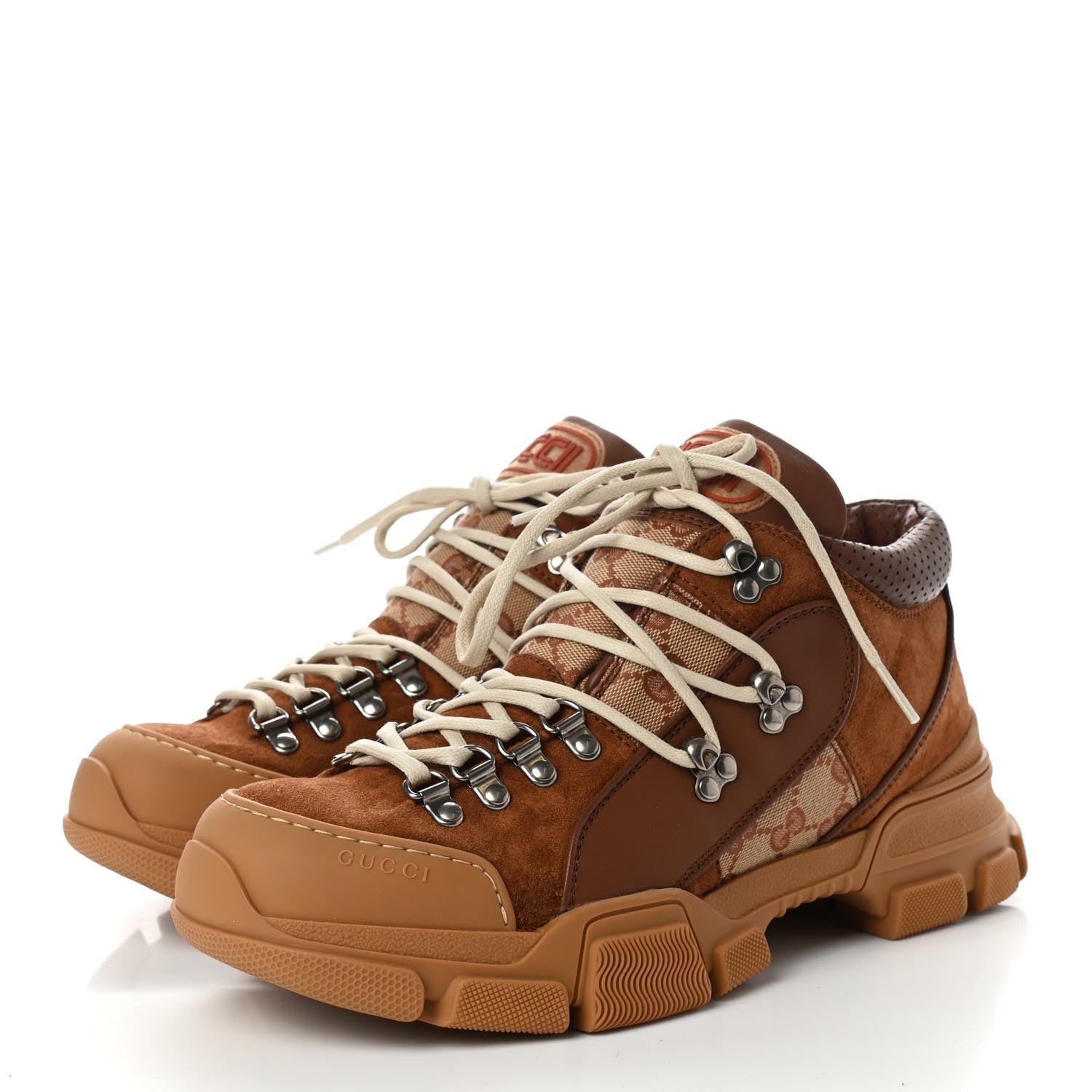 Gucci X SEGA Suede Calfskin GG Monogram Mens Flashtrek Sneakers 8.5 New Cuir Beige Ruggine 3 of 8