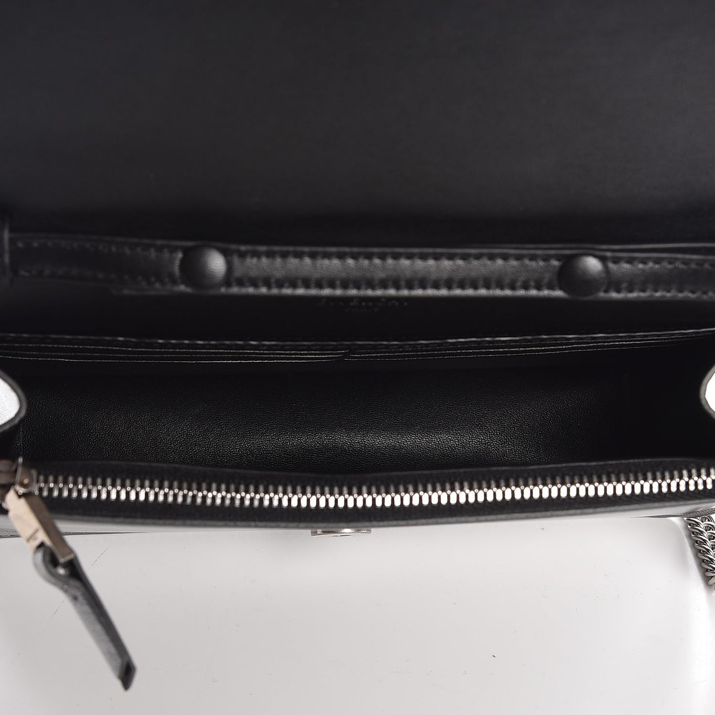 Metallic Lambskin Emblem Chain Wallet Silver