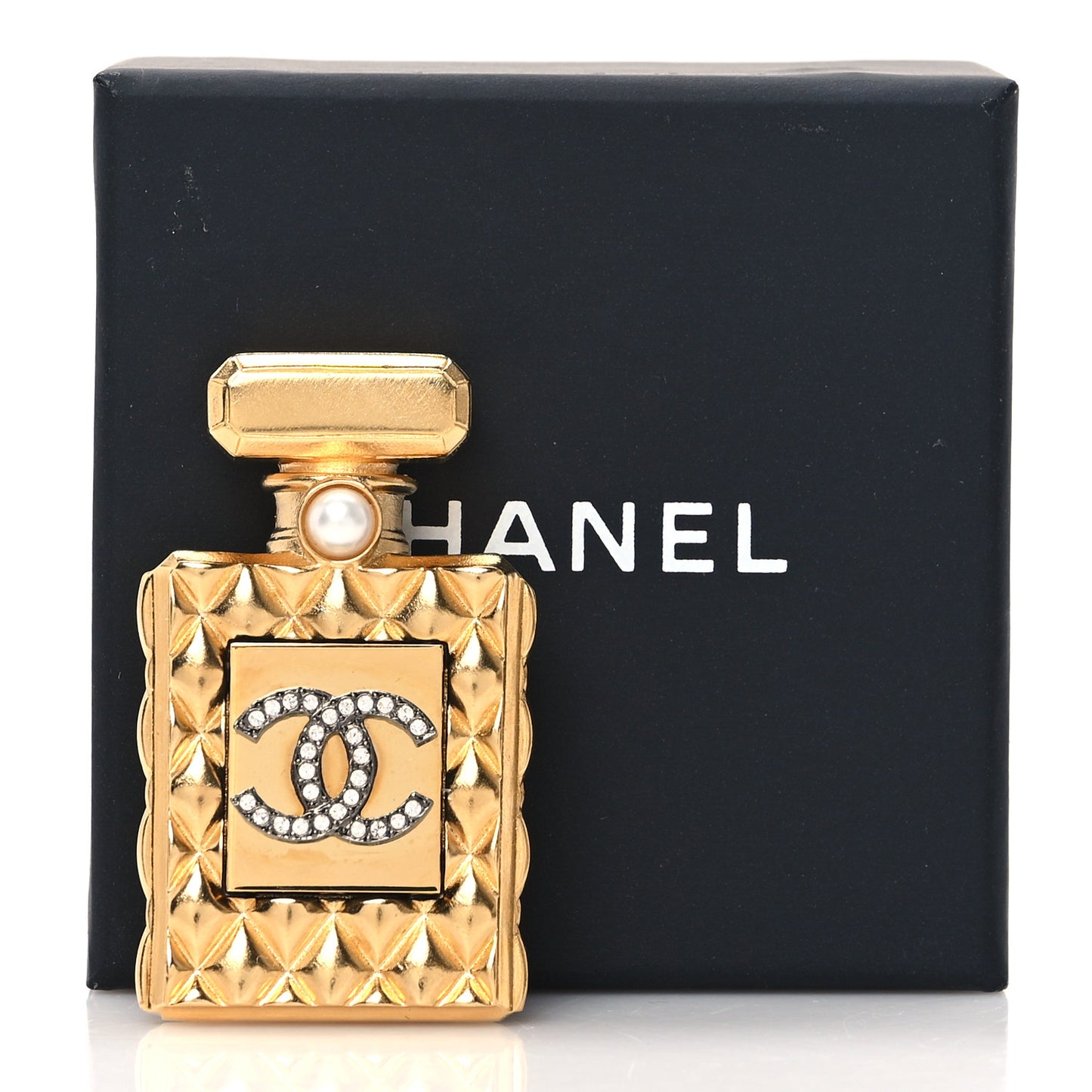 Enamel Pearl Quilted Perfume Bottle CC Brooch Gold