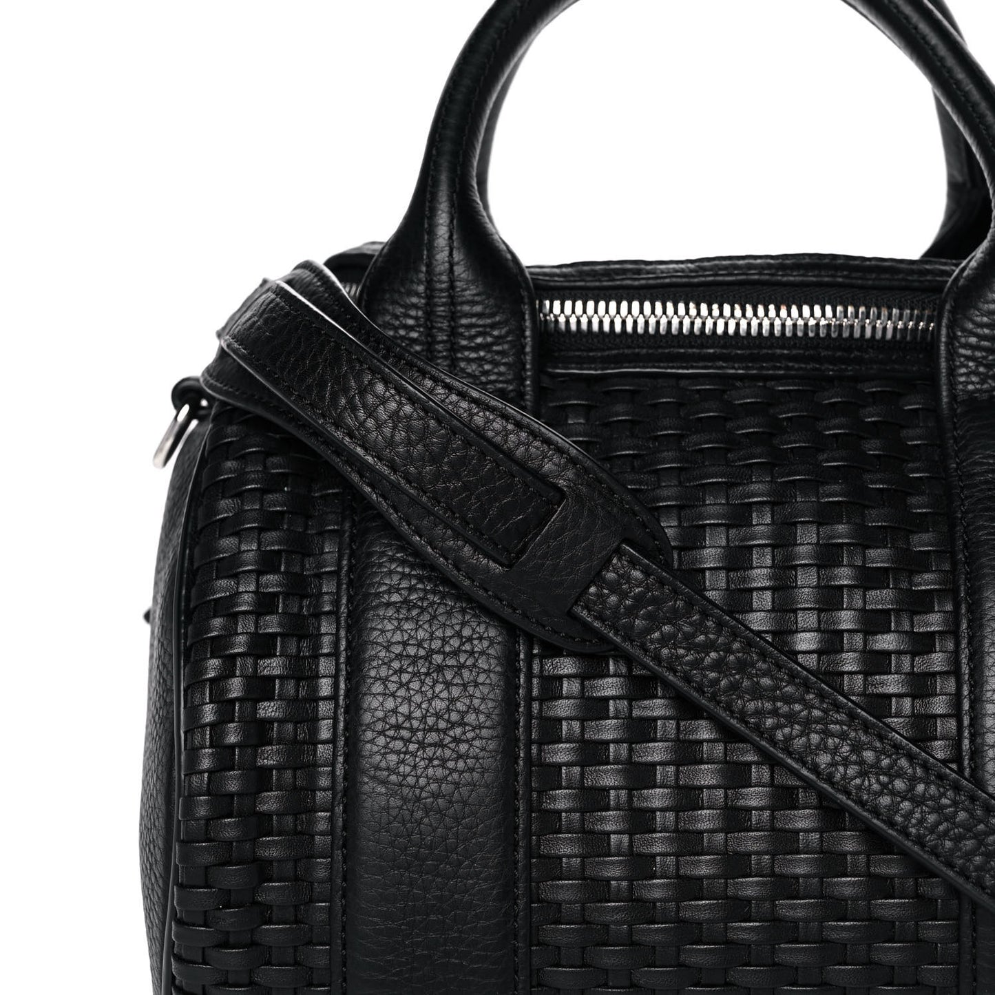 Pebbled Lambskin Woven Rocco Black Silver Hardware