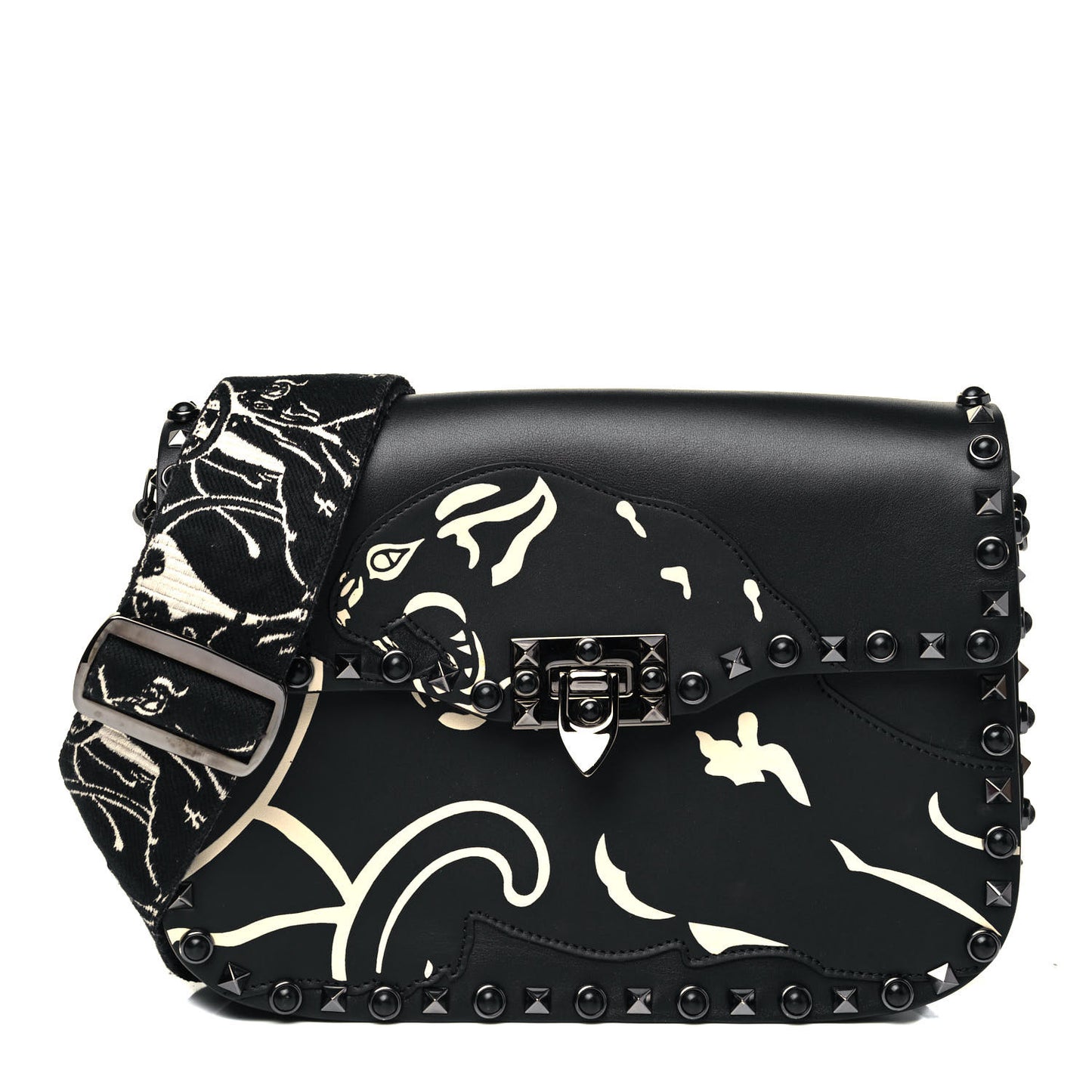 Calfskin Panther Medium Guitar Strap Rockstud Rolling Flap Saddle Bag Black