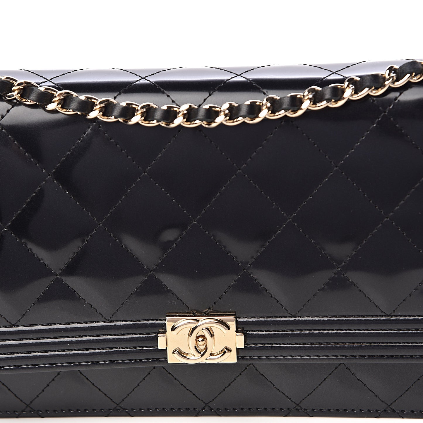 Patent Calfskin Quilted Boy Wallet On Chain WOC Black