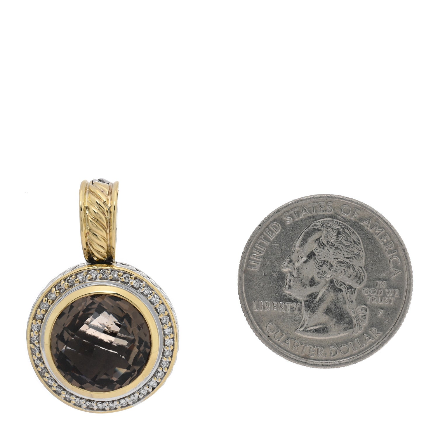 David Yurman Sterling Silver 18K Yellow Gold Diamond Smoky Quartz 14mm Cerise Pendant 2 of 3