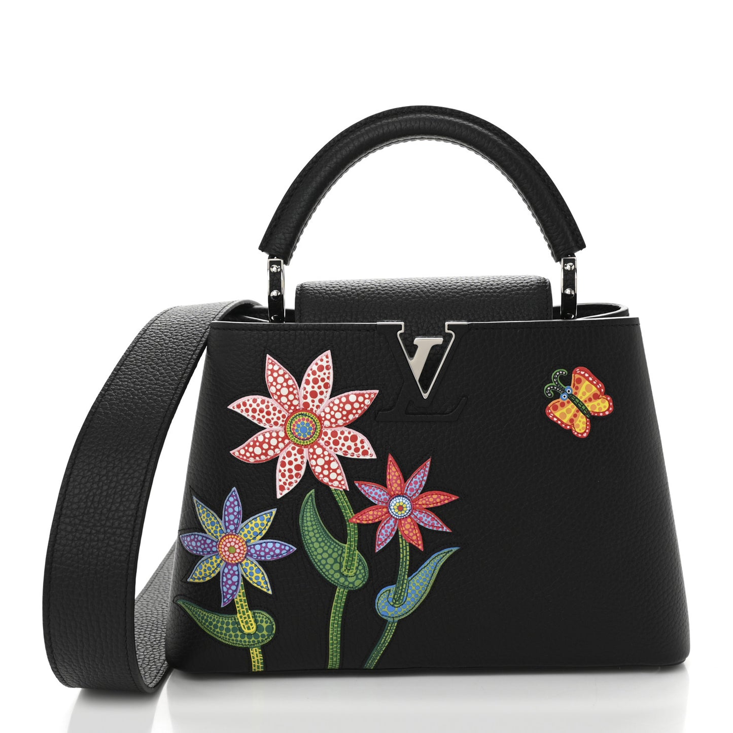 LV X YK Taurillon Inlaid Kusama Flowers Capucines BB Black