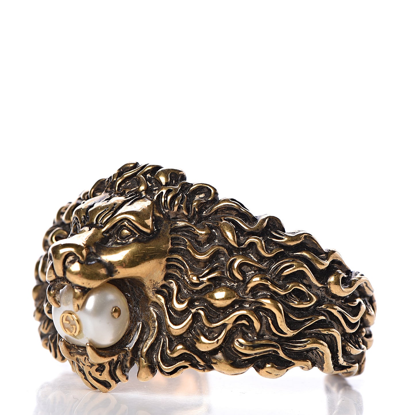 Metal Pearl Lion Head Cuff Bracelet 18 Aged Gold