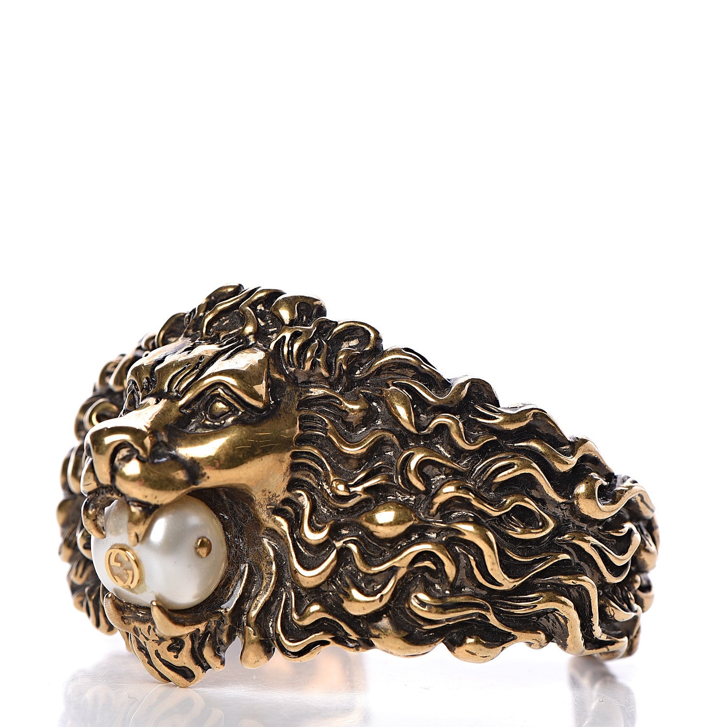 Gucci Metal Pearl Lion Head Cuff Bracelet 18 Aged Gold 3 of 6