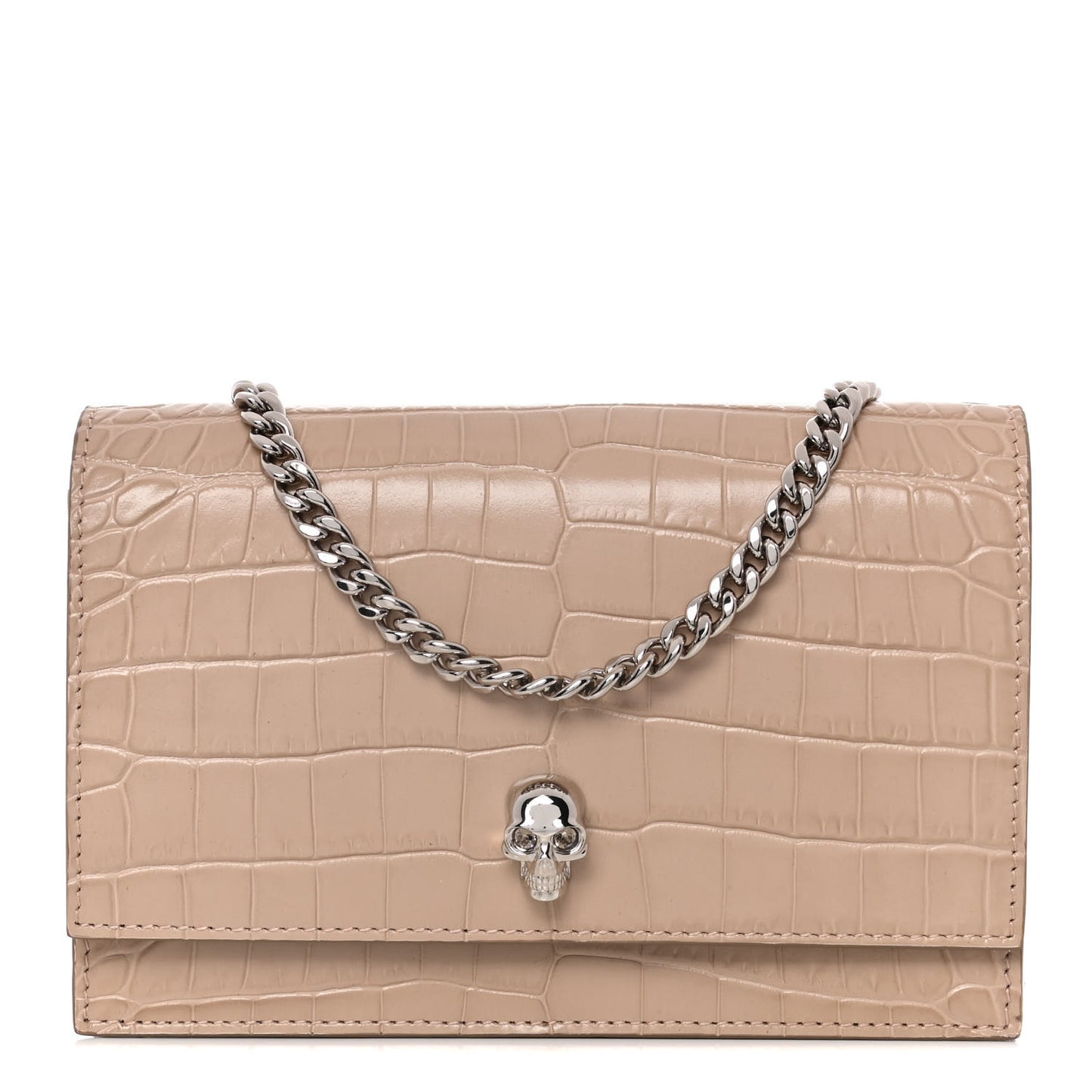 Calfskin Crocodile Embossed Skull Mini Crossbody Bag Beige