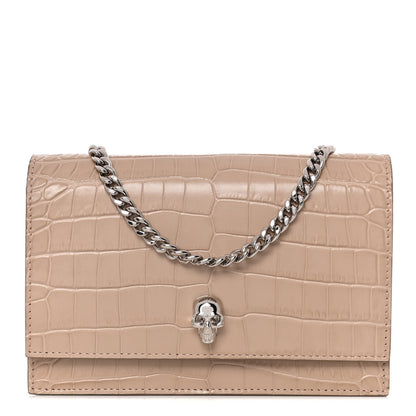 Alexander McQueen Calfskin Crocodile Embossed Skull Mini Crossbody Bag Beige 1 of 10