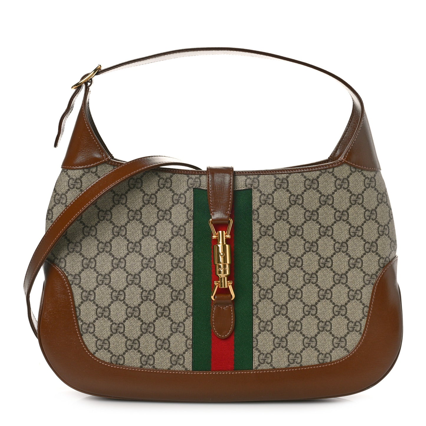 GG Supreme Monogram Azalea Calfskin Web Medium Jackie 1961 Hobo Beige Ebony Brown Sugar