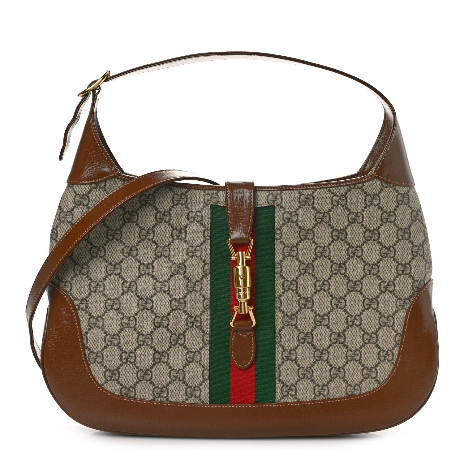 Gucci GG Supreme Monogram Azalea Calfskin Web Medium Jackie 1961 Hobo Beige Ebony Brown Sugar 1 of 11