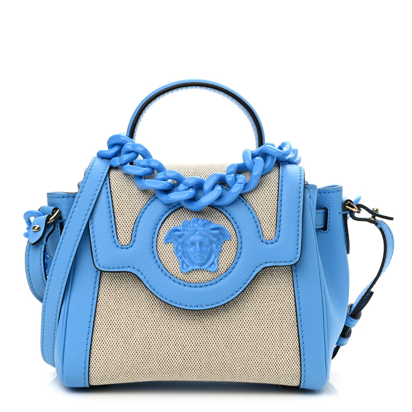 Calfskin Canvas Medusa Small Top Handle Handbag Blue