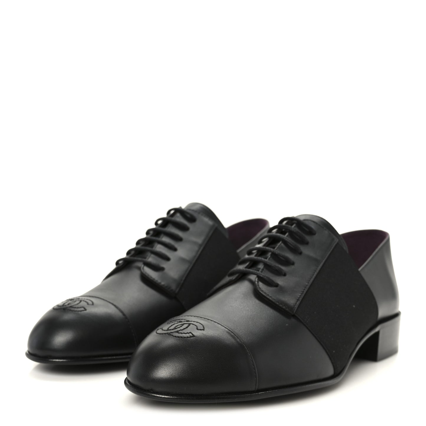 Calfskin Elastic Lace Up Cap Toe CC Loafers 39 Black