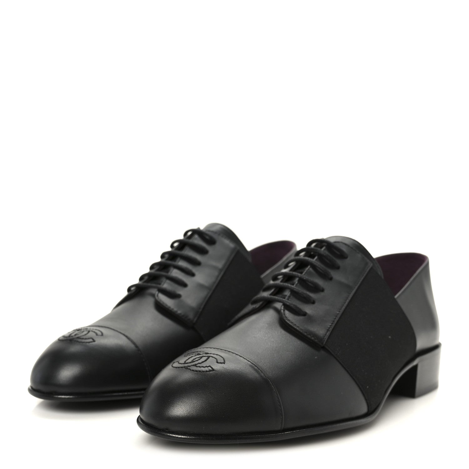 Chanel Calfskin Elastic Lace Up Cap Toe CC Loafers 39 Black 4 of 9