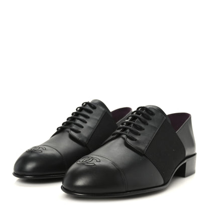 Chanel Calfskin Elastic Lace Up Cap Toe CC Loafers 39 Black 4 of 9