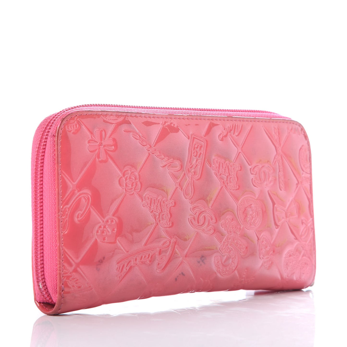 Patent Calfskin Lucky Symbols Zip Around Wallet Fuchsia