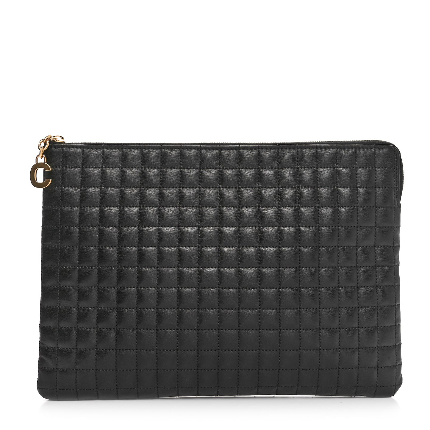 Calfskin Quilted C Charm Pouch Black
