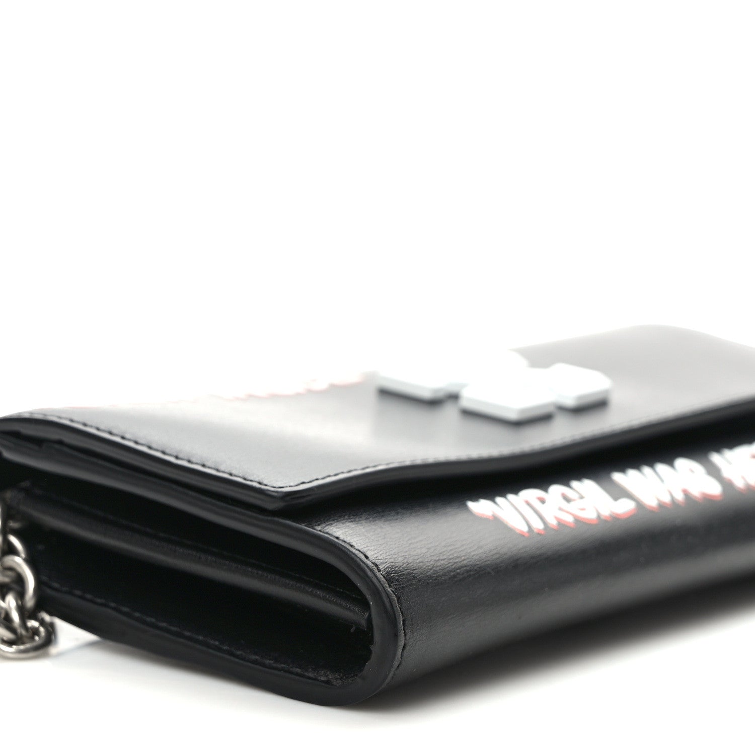 Off-White Calfskin Jitney Logo Flap Wallet On Chain Black 7 of 9