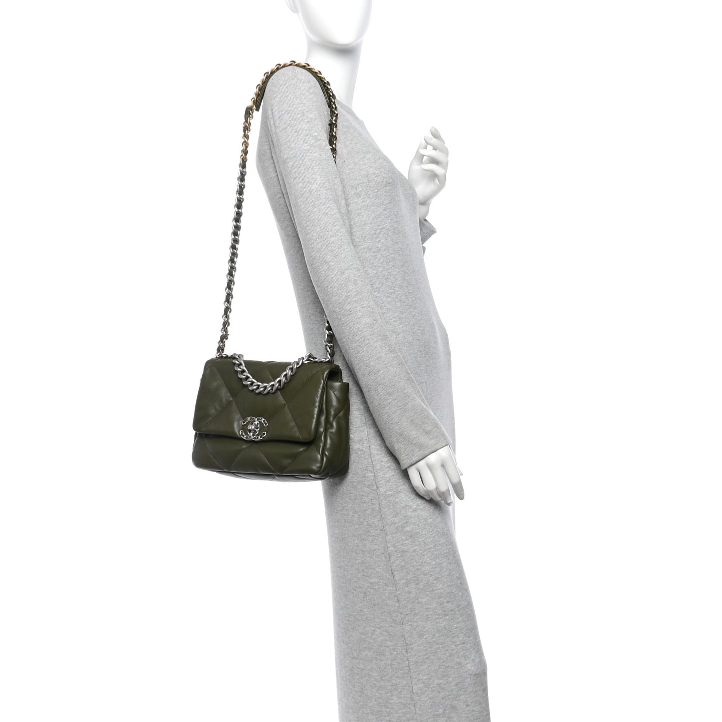 Lambskin Quilted Medium Chanel 19 Flap Khaki