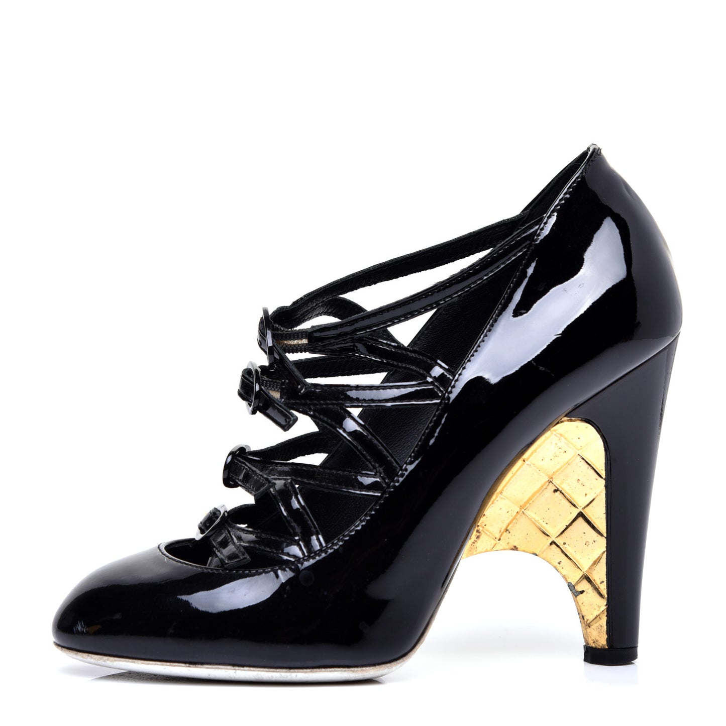 Patent Calfskin Quilted CC Strap Pumps 36 Black Gold