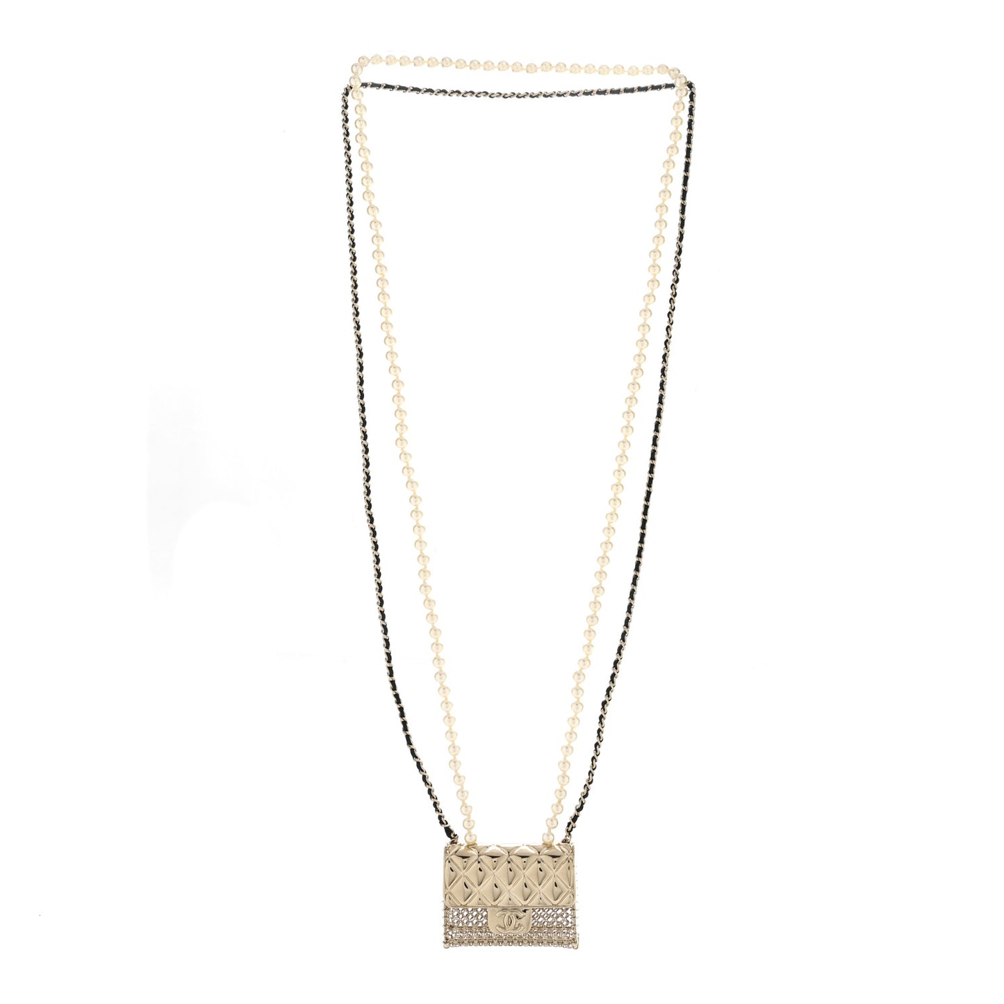 Metal Lambskin Pearl Chain Flap Bag Long Necklace Gold Black Pearly White