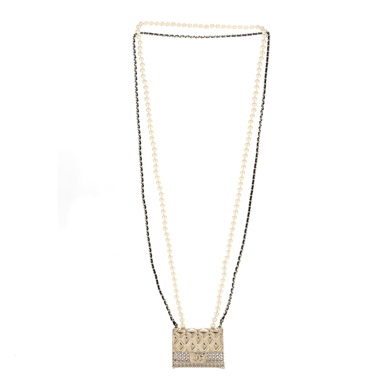 Chanel Metal Lambskin Pearl Chain Flap Bag Long Necklace Gold Black Pearly White 3 of 7