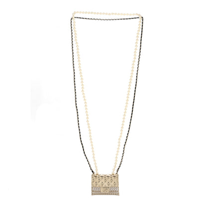 Chanel Metal Lambskin Pearl Chain Flap Bag Long Necklace Gold Black Pearly White 3 of 7