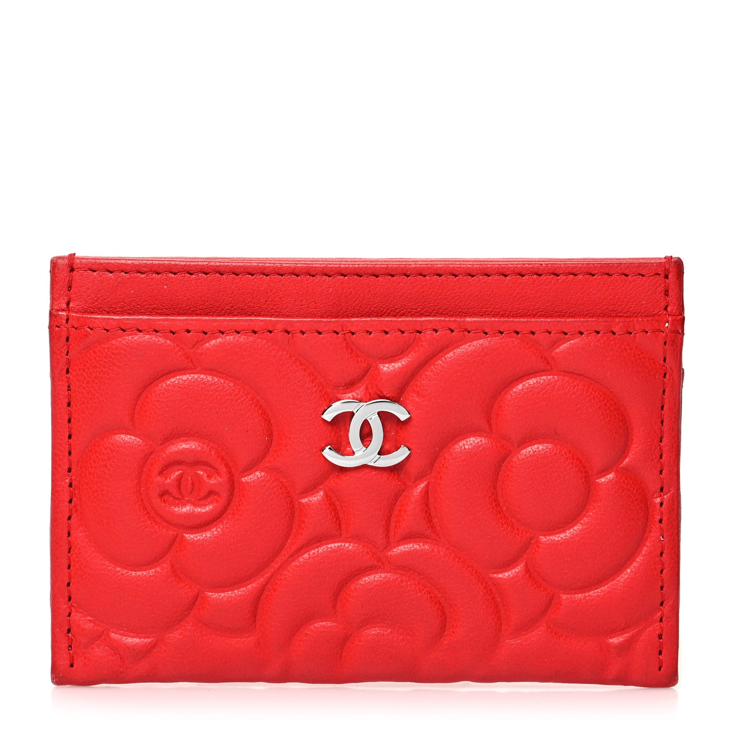 Lambskin Camellia Embossed Card Holder Red