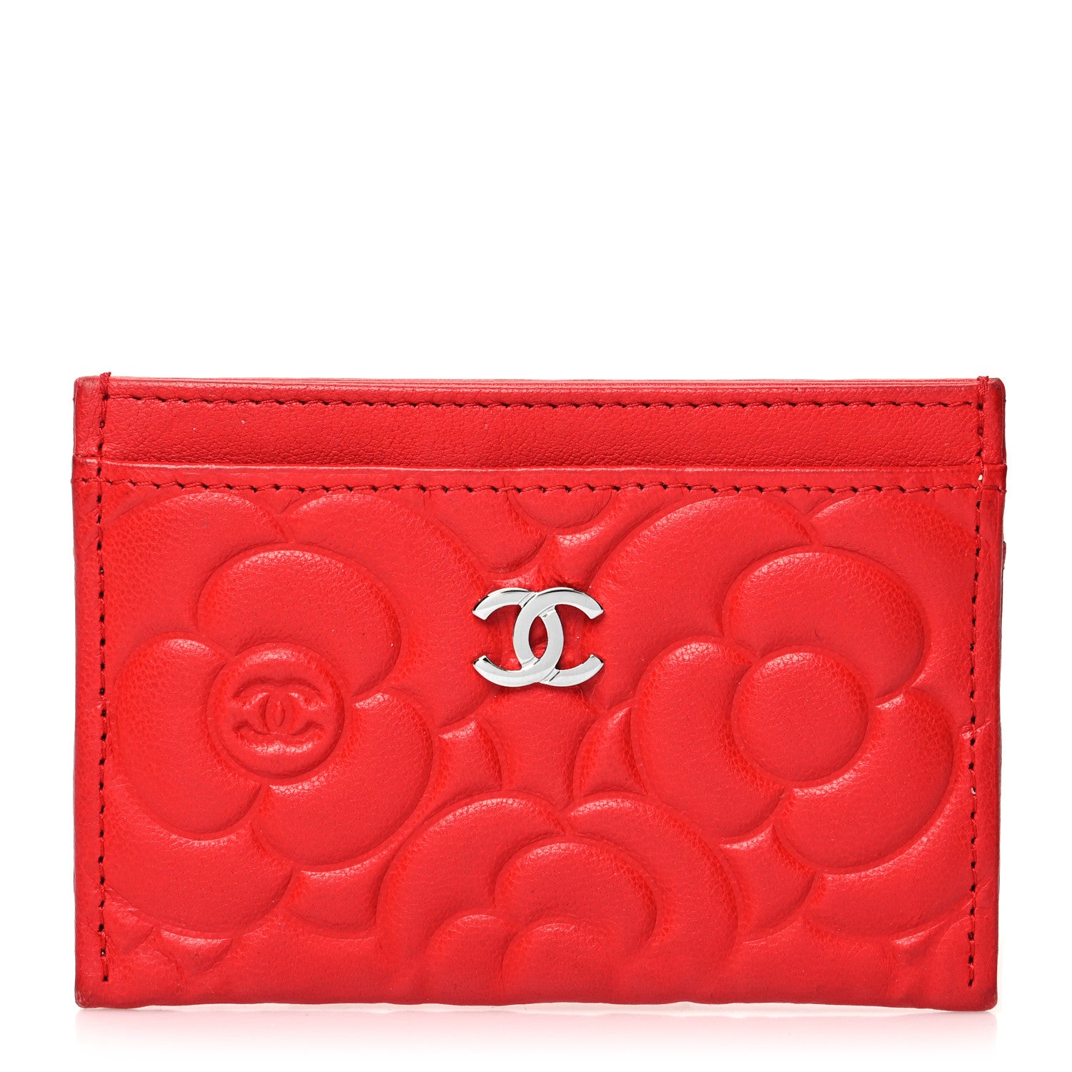 Chanel Lambskin Camellia Embossed Card Holder Red 1 of 10