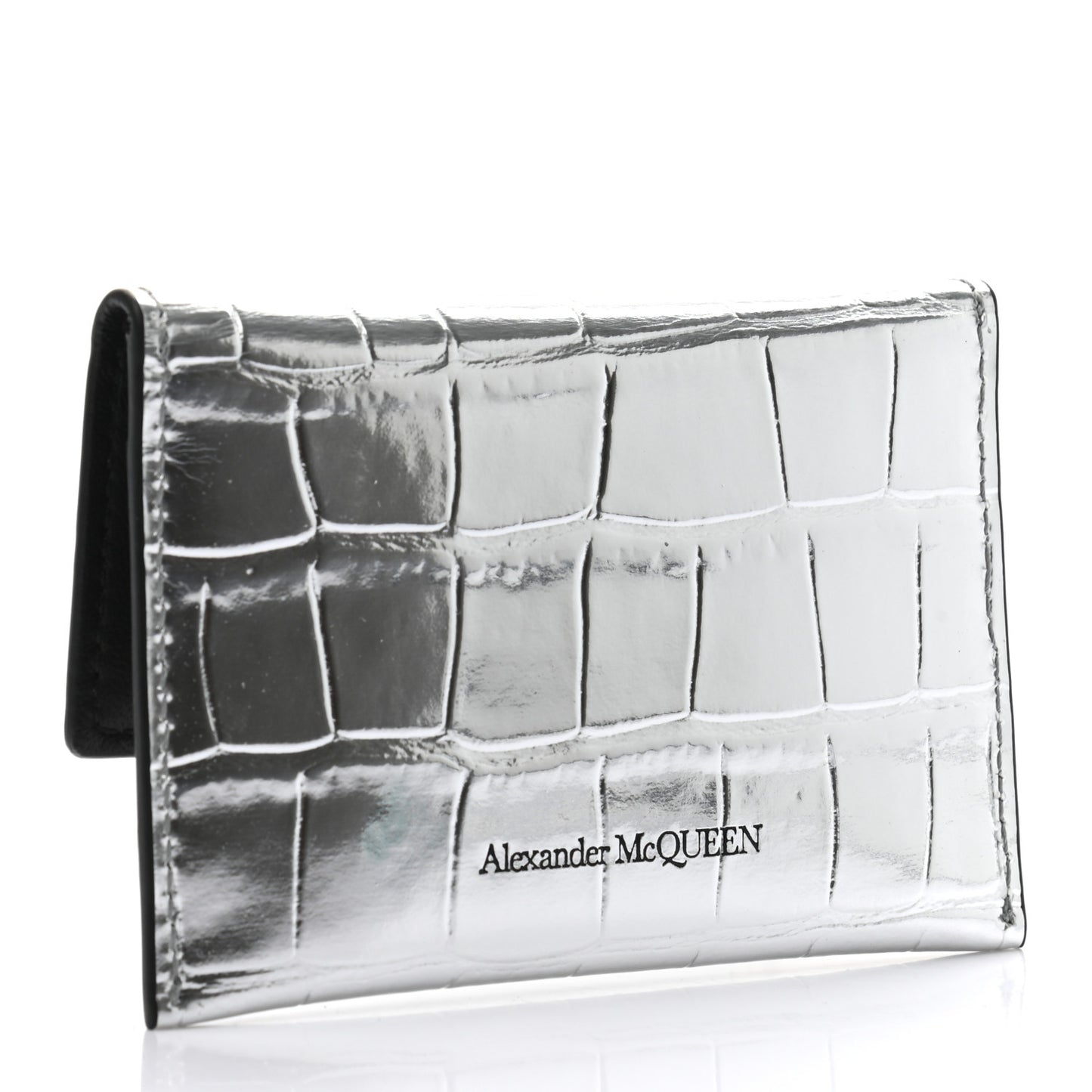 Metallic Calfskin Crocodile Embossed Skull Card Case Silver