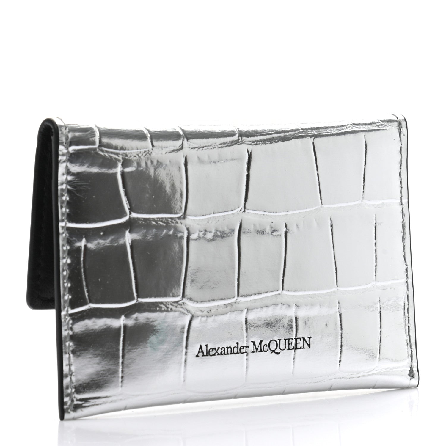 Alexander McQueen Metallic Calfskin Crocodile Embossed Skull Card Case Silver 3 of 8
