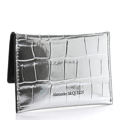 Alexander McQueen Metallic Calfskin Crocodile Embossed Skull Card Case Silver 3 of 8