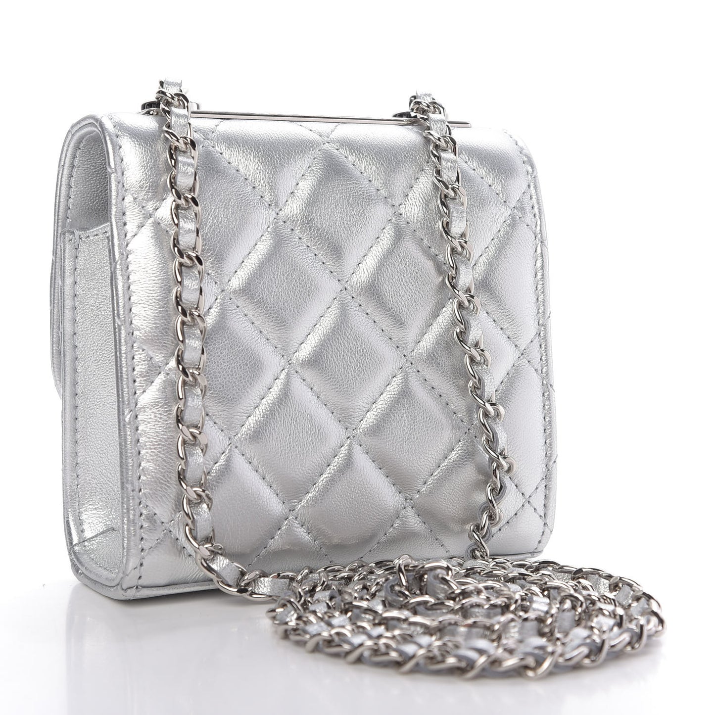Metallic Lambskin Quilted Mini Trendy CC Clutch With Chain Silver